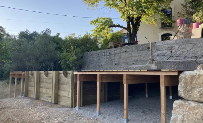 Pose d'une piscine bois hors sol + création d'une terrasse bois sur pilotis, Clermont-l'Hérault, ABJ ENVIRONNEMENT